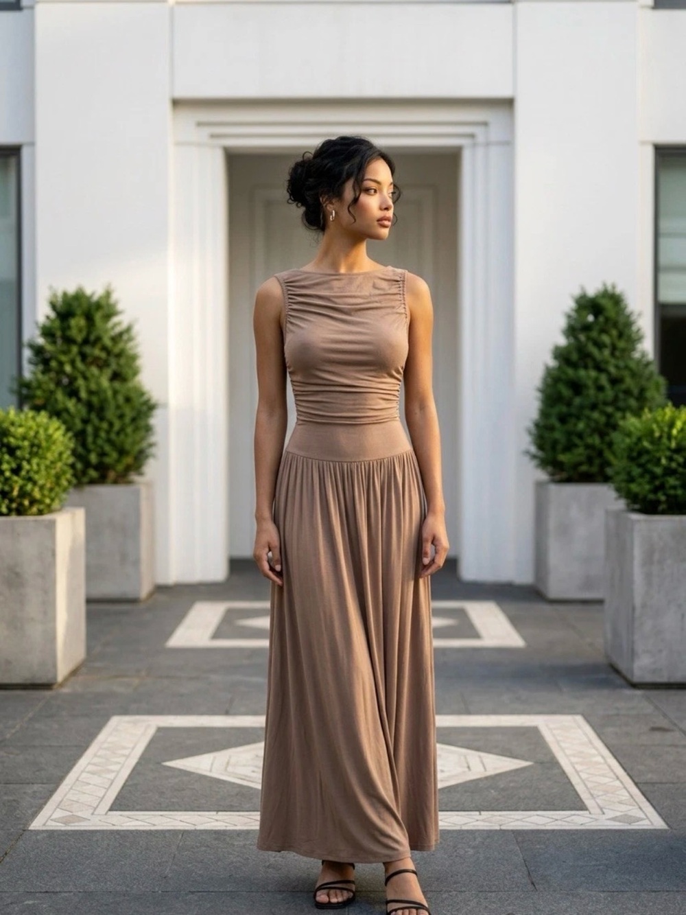 HALARA Taupe Sleeveless Asymmetrical Maxi Formal Wedding Dress Beautiful